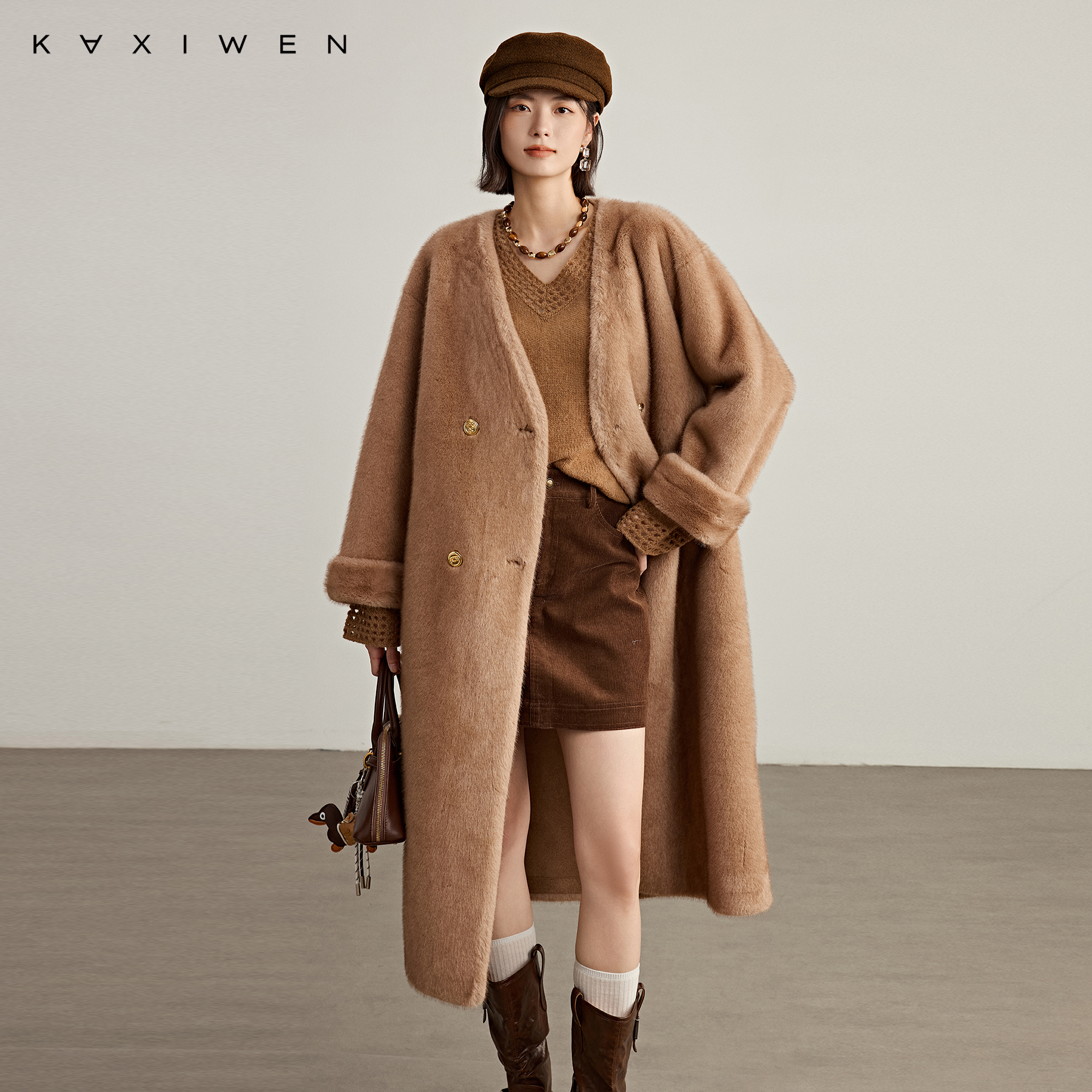 佧茜文老钱风V领外套【冬新】简约垂感保暖长款上衣女X10BPN8777