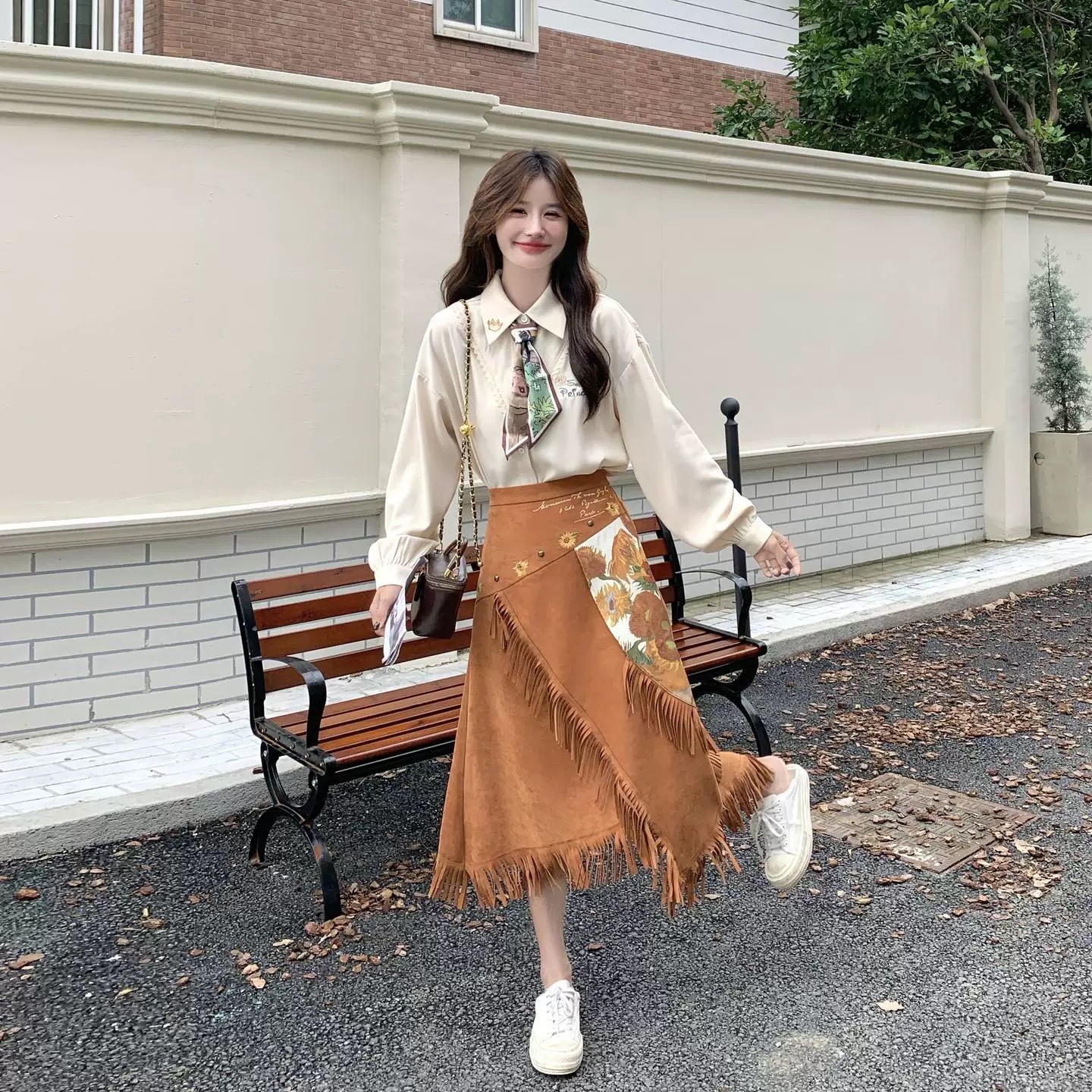 法式时尚长袖衬衫套装裙女2025秋季新款气质印花流苏半身裙两件套