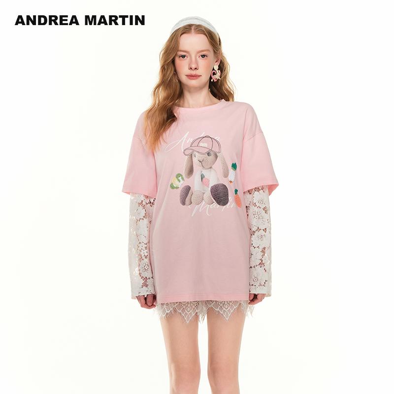 Andrea Martin2025春夏新款短袖t恤女圆领蕾丝拼接卡通印花上衣
