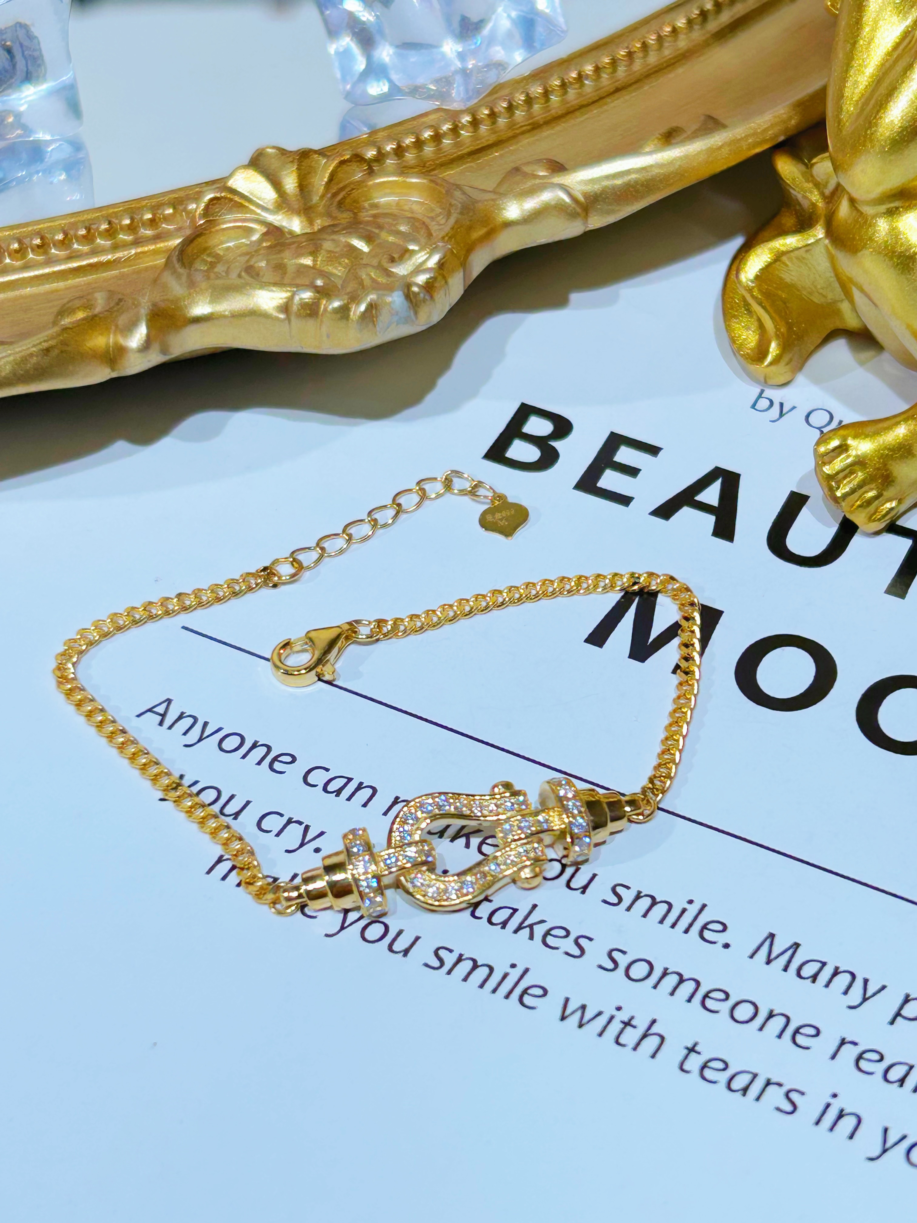 足金999 古巴马蹄手链  黄金镶嵌莫桑 5G工艺