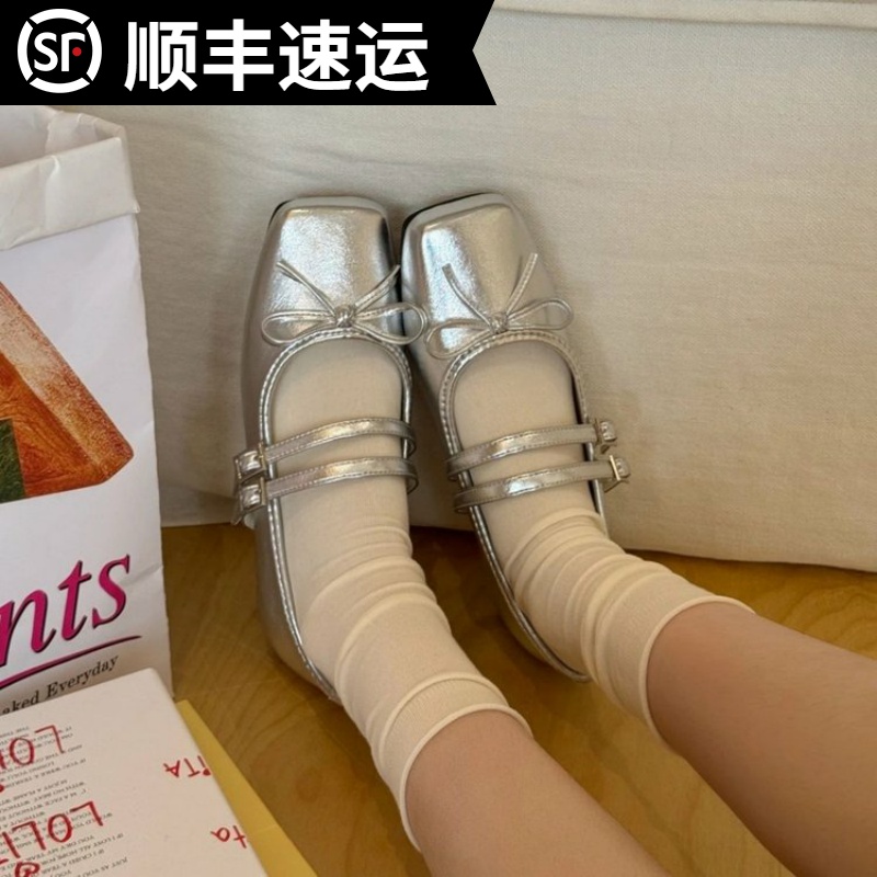 法式仙女风银色方头单鞋女2025年春秋新款蝴蝶结通勤平底玛丽珍鞋