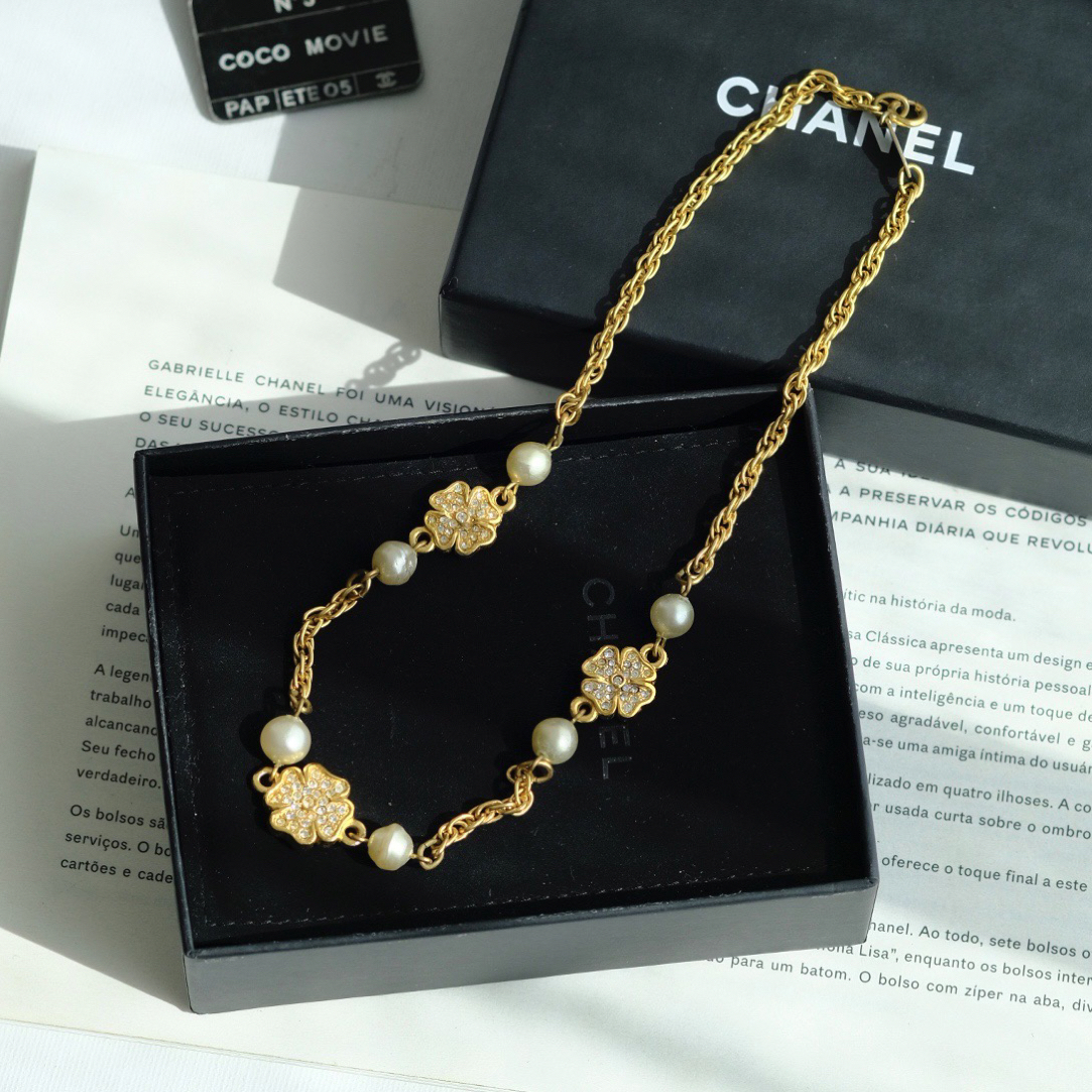 95新 Chanel/香奈儿 泡泡中古Chanel水钻四叶草珍珠项链