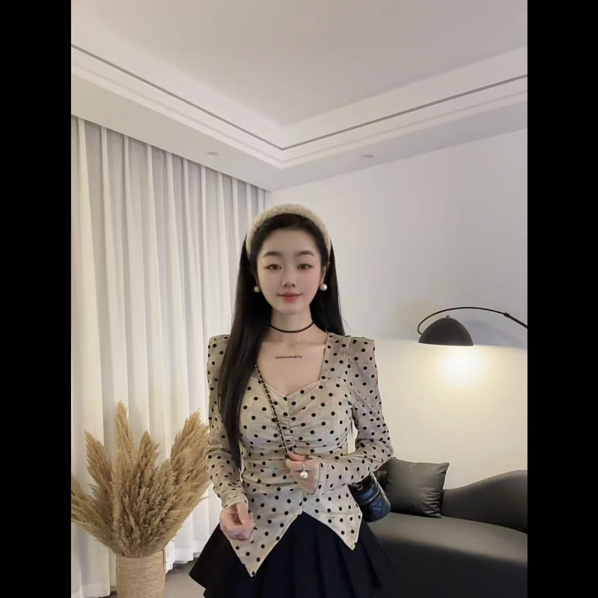 韩版加绒复古扎染植绒波点长袖T恤女秋冬新款洋气小衫打底衫上衣