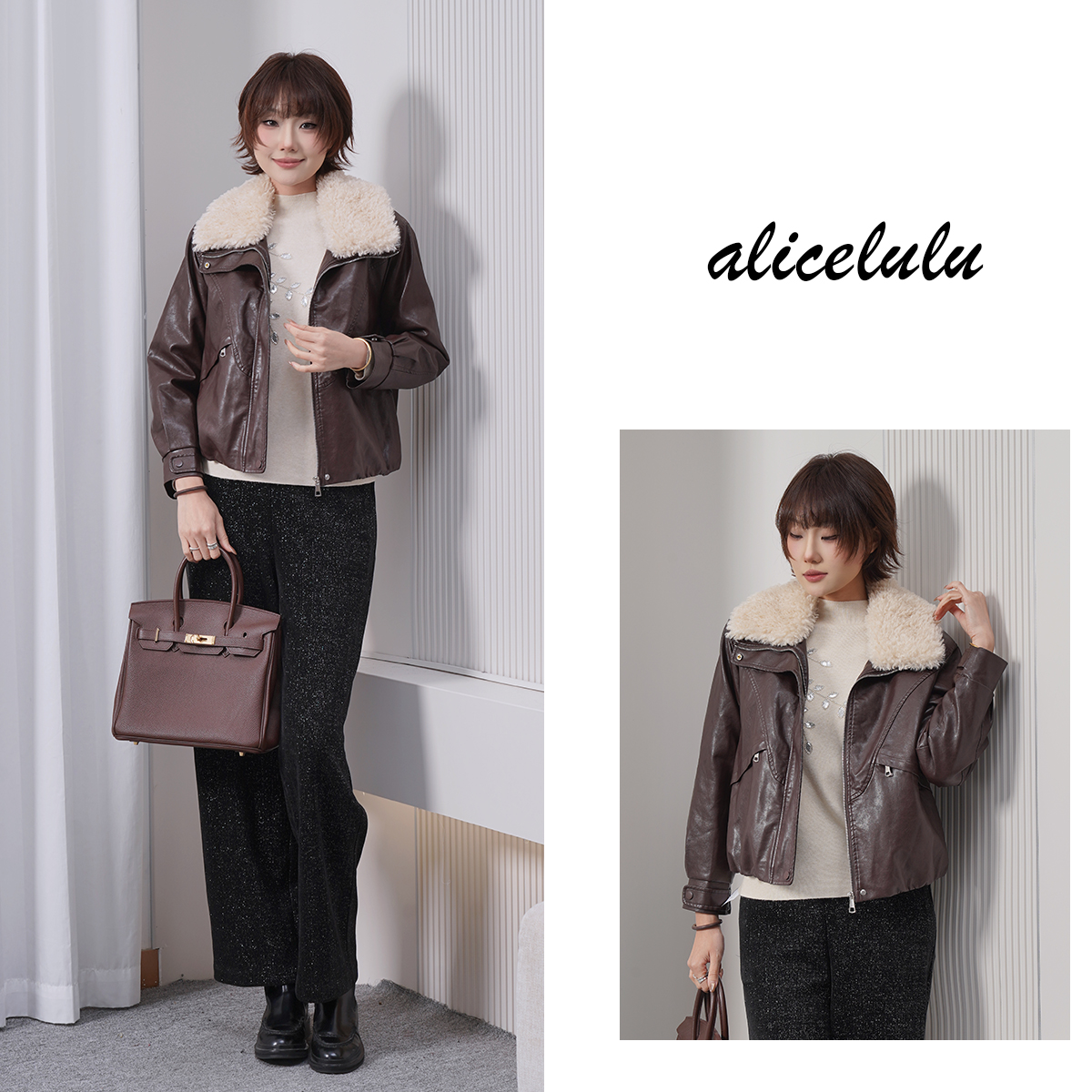 alicelulu斯嘉丽.皮衣外套复古百搭保暖毛领S2145586Tr