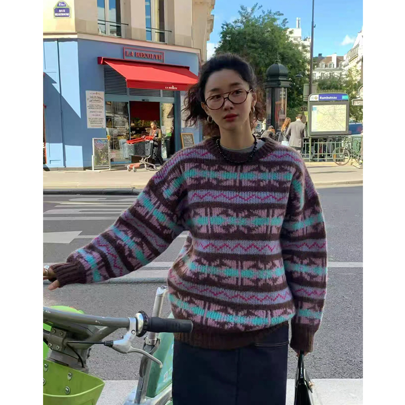 韩国ERU*ME复古休闲羊毛条纹休闲圆领时尚百搭毛衣慵懒风针织冬