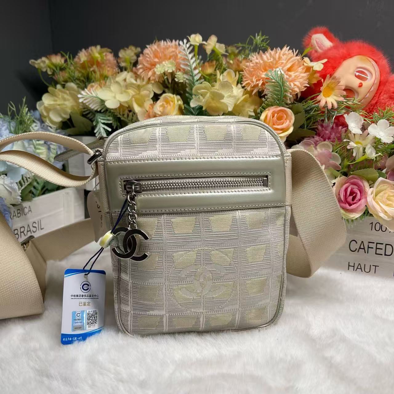 95新 Chanel/香奈儿  冰格双C灰金配色香奈儿相机包斜挎包 80081