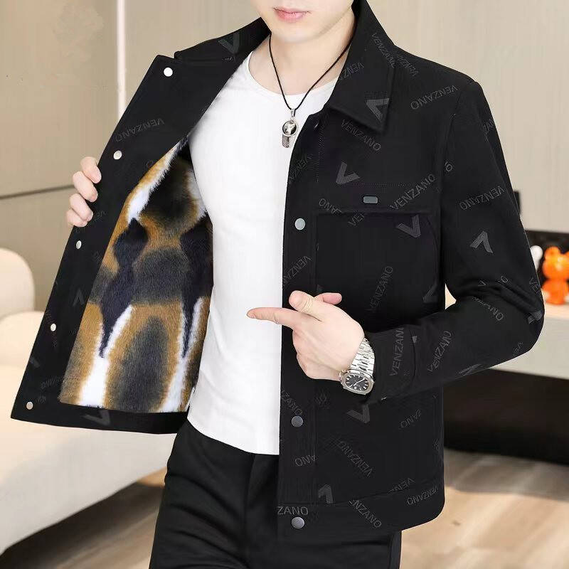 男士2025新款冬季夹克时尚休闲百搭翻领纽扣秋冬加绒外套