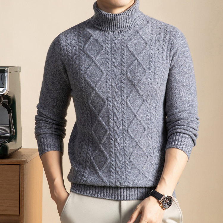 男士高领加厚100%绵羊毛打底衫7针加厚两翻领针织提花均重480g