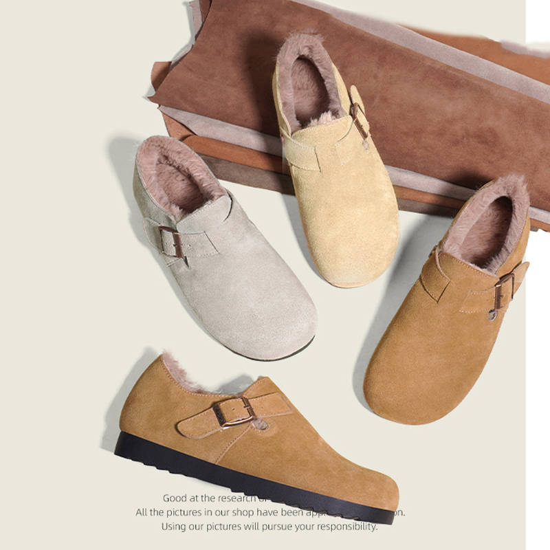 加绒牛皮保暖2025年毛毛鞋外穿春季新款勃肯鞋复古全包女鞋