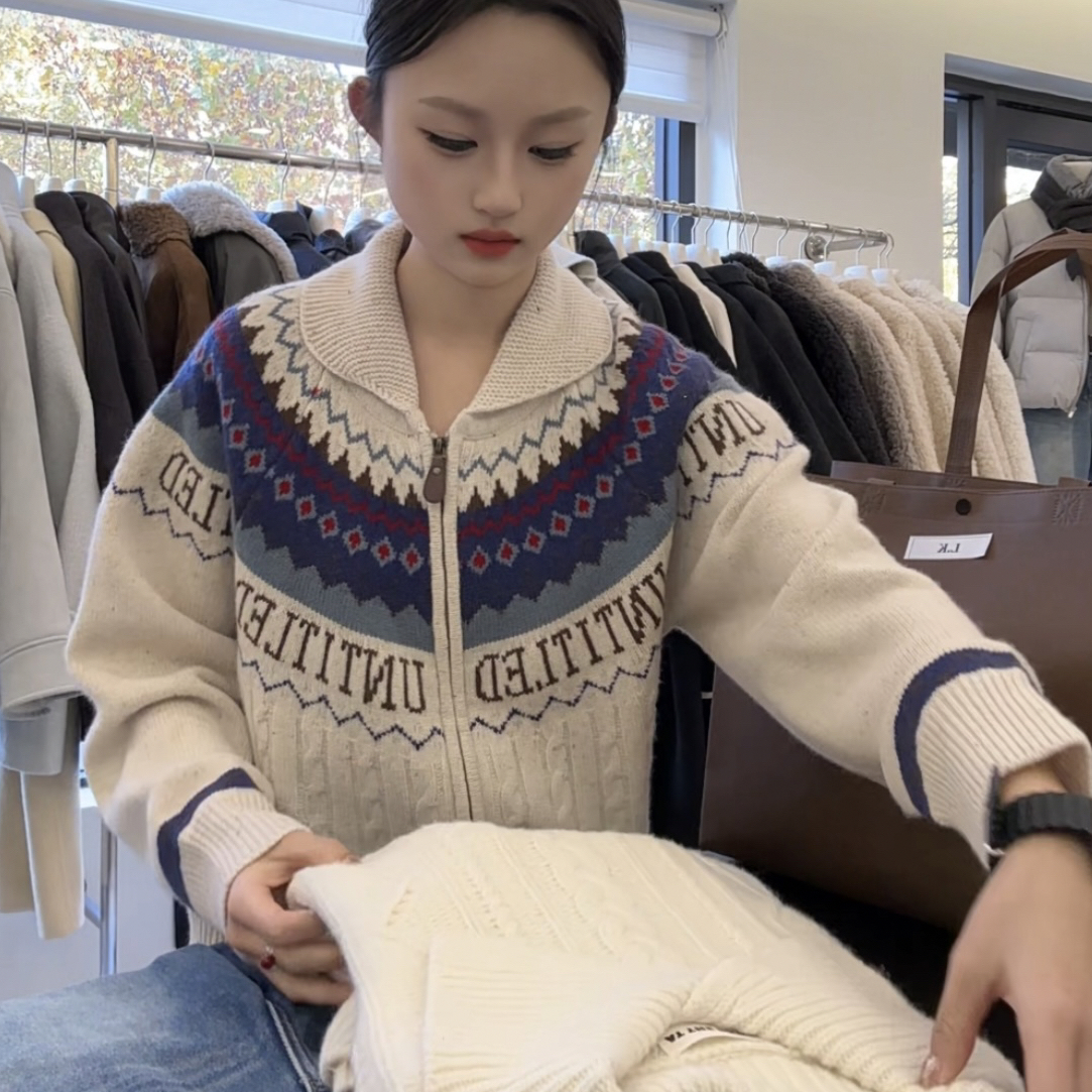 L.K粉丝福利～韩版费尔岛100%羊毛毛衣拉链开衫外套女2025冬季新款