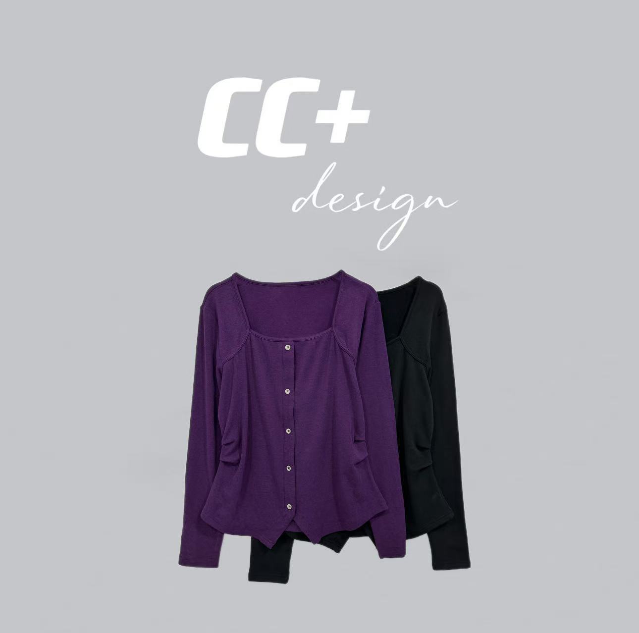 微胖法式气质方领长袖T恤秋季设计感打底修身显瘦上衣6057#