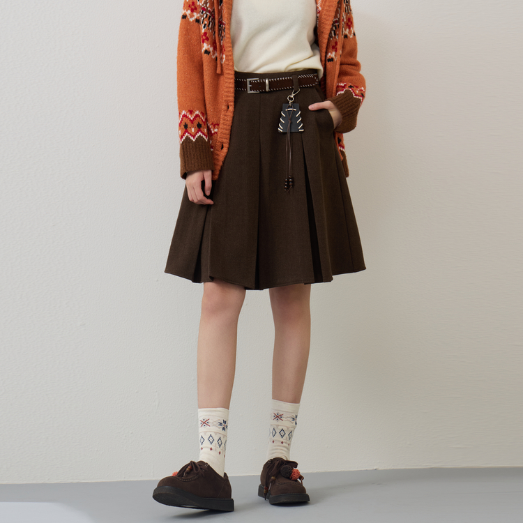 西町村屋复古半身裙女2025冬季新款毛呢感百褶裙含腰带XHAD10973