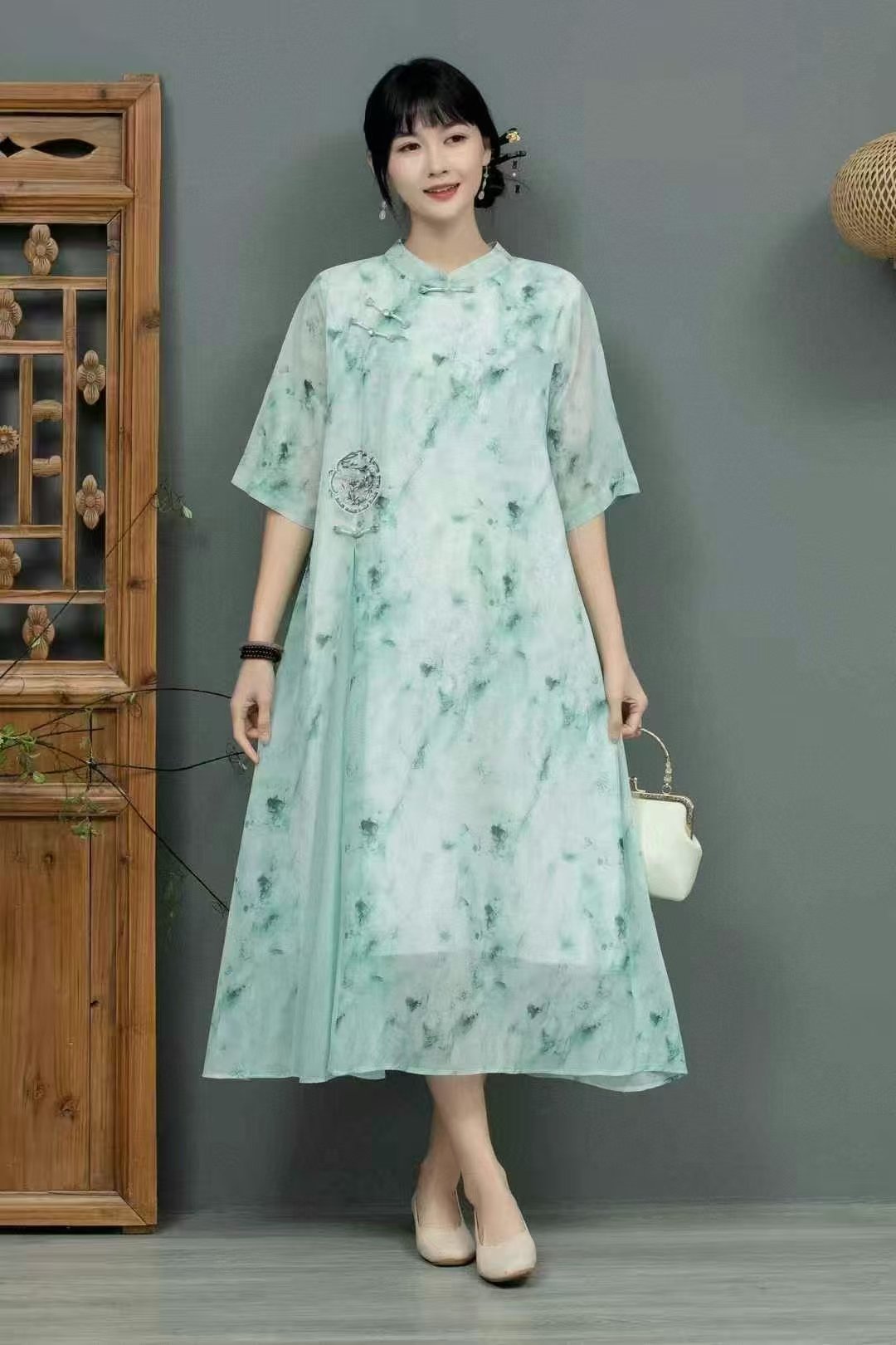 兰若 立领夏季连衣裙女装斜襟水墨提花时尚旗袍裙中国风唐装208