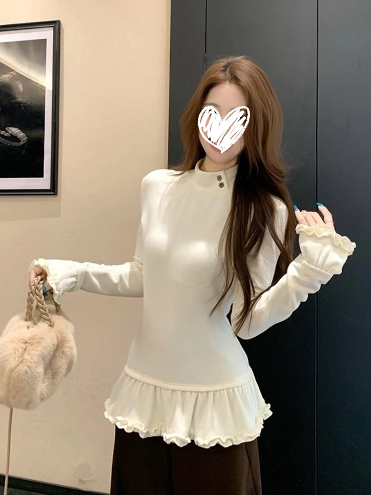 法式甜美半高领打底衫木耳边长袖T恤秋冬显瘦内搭女上衣