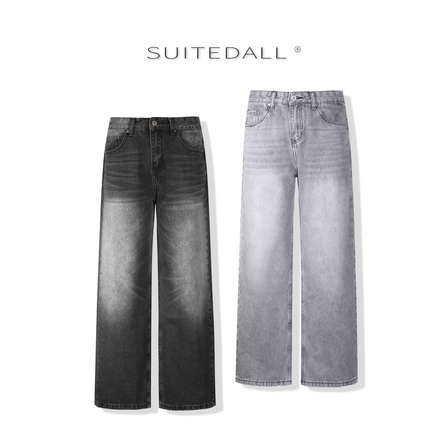 SUITEDALL简约通勤 13oz A字直筒水洗牛仔裤宽松复古黑灰休闲长裤