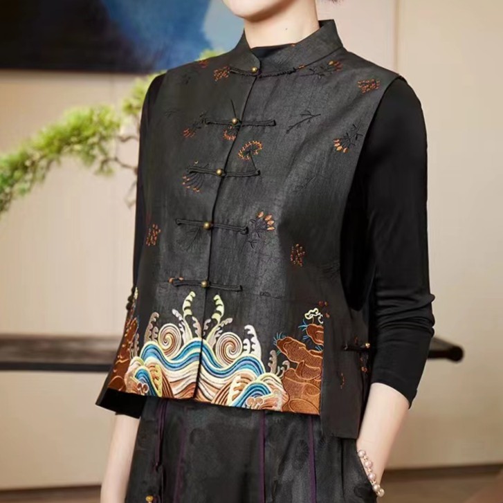 马甲香云国风龟裂纹重工刺绣运动马甲中式对襟立领运动马甲梨花