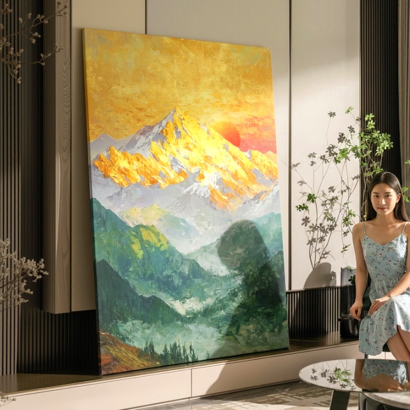 《日照金山》手绘油画现代装饰画客厅落地画别墅玄关复式楼挑空画