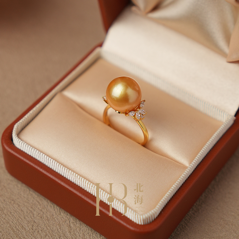 天然海水南洋金珠戒指12-13mm浓金色正圆925银金色开口设计枫叶款