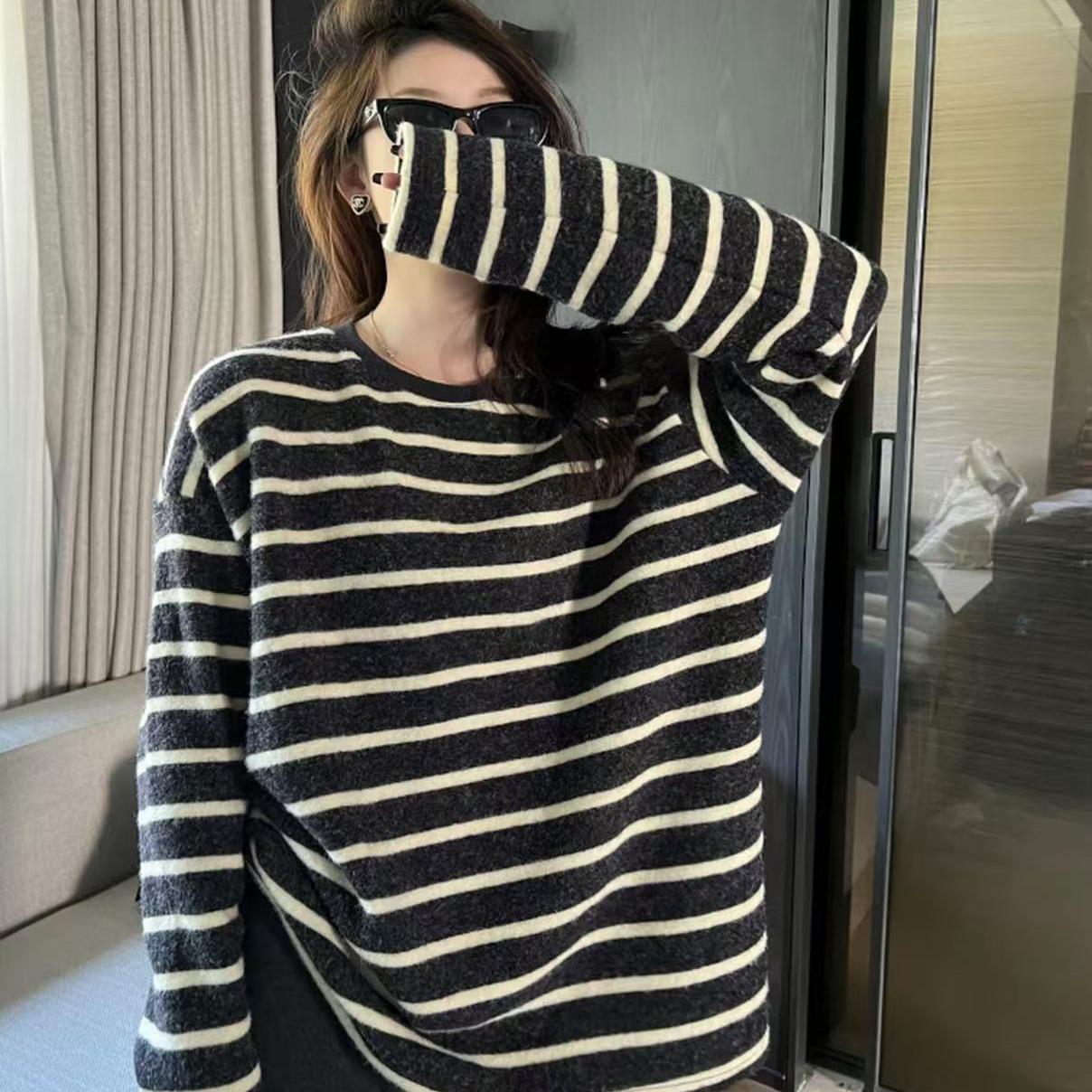 利日系海魂条纹衫秋冬保暖慵懒风仿兔毛绒软懦感上衣T恤打底