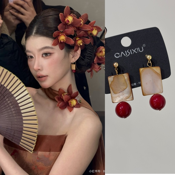 铜合金琉璃耳饰 2741-006设计感新中式方形圆珠简约百搭礼服耳