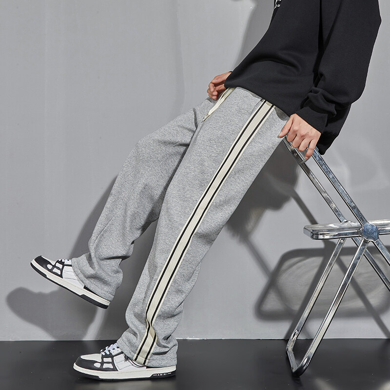 潮牌裤子男士2025春季条纹休闲裤直筒百搭时尚拼接抽绳运动阔腿裤