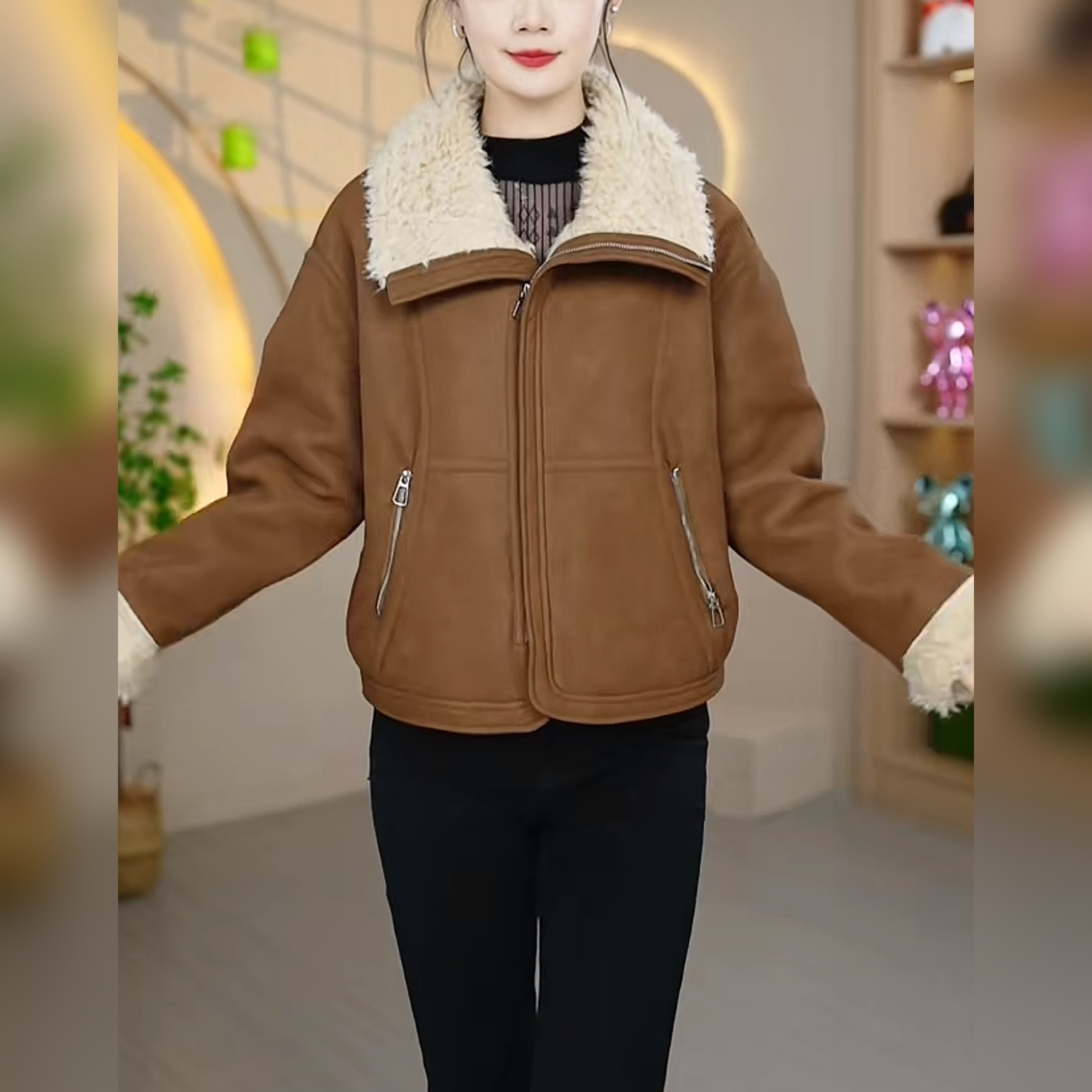2025年冬季新款加绒加厚款外套上衣女冬季长袖短款女士韩版短外套