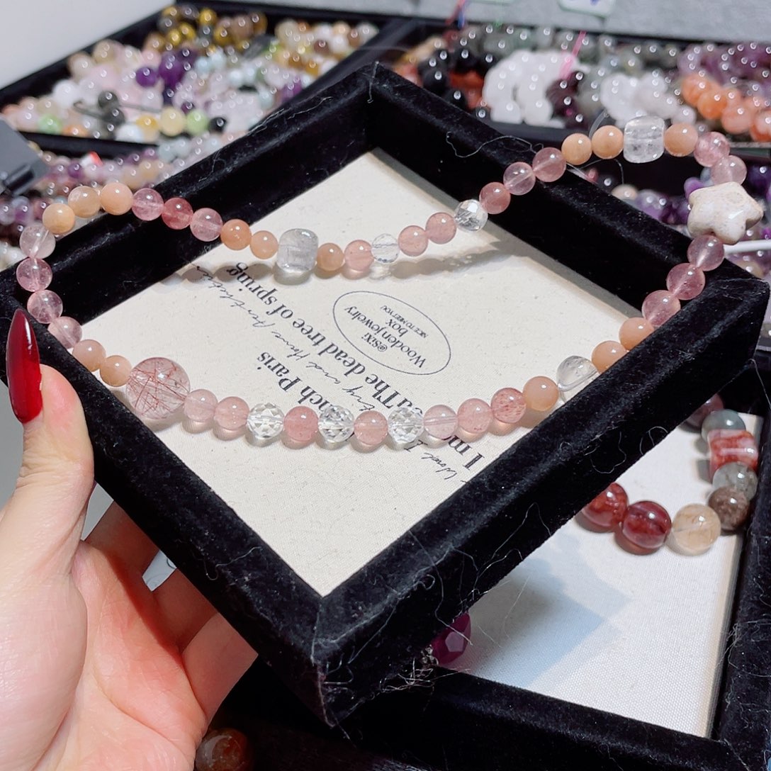 水晶手链未镶嵌粉草莓孤品双圈