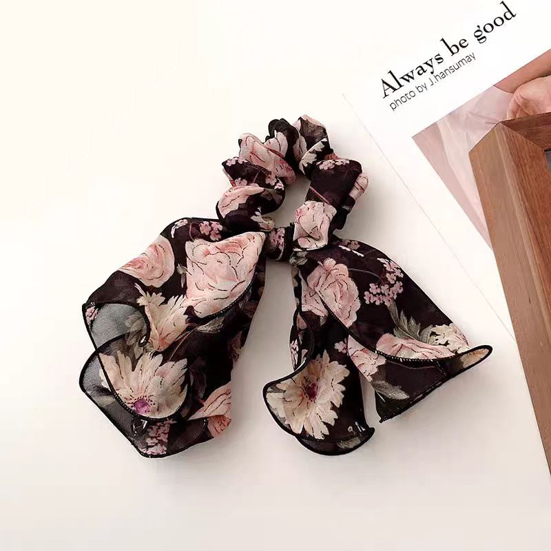 蝴蝶结飘带雪纺碎花大肠圈白鹿同款发带女法式扎马尾绑发头绳1096