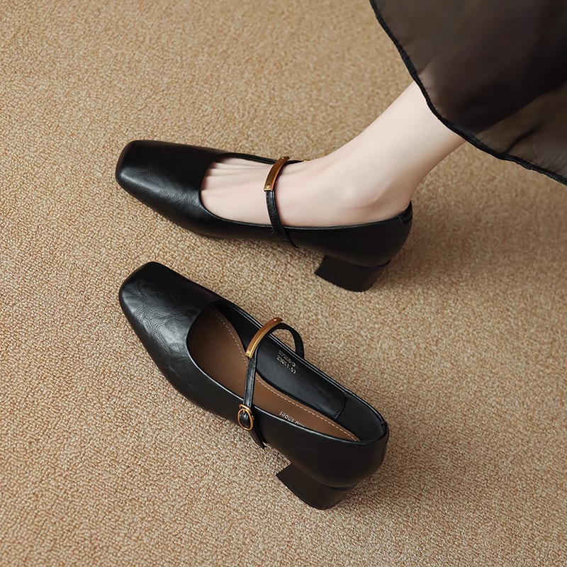 ~羊皮法式高跟鞋女2025年秋季一字扣粗跟方头简芭蕾风绸缎高跟鞋