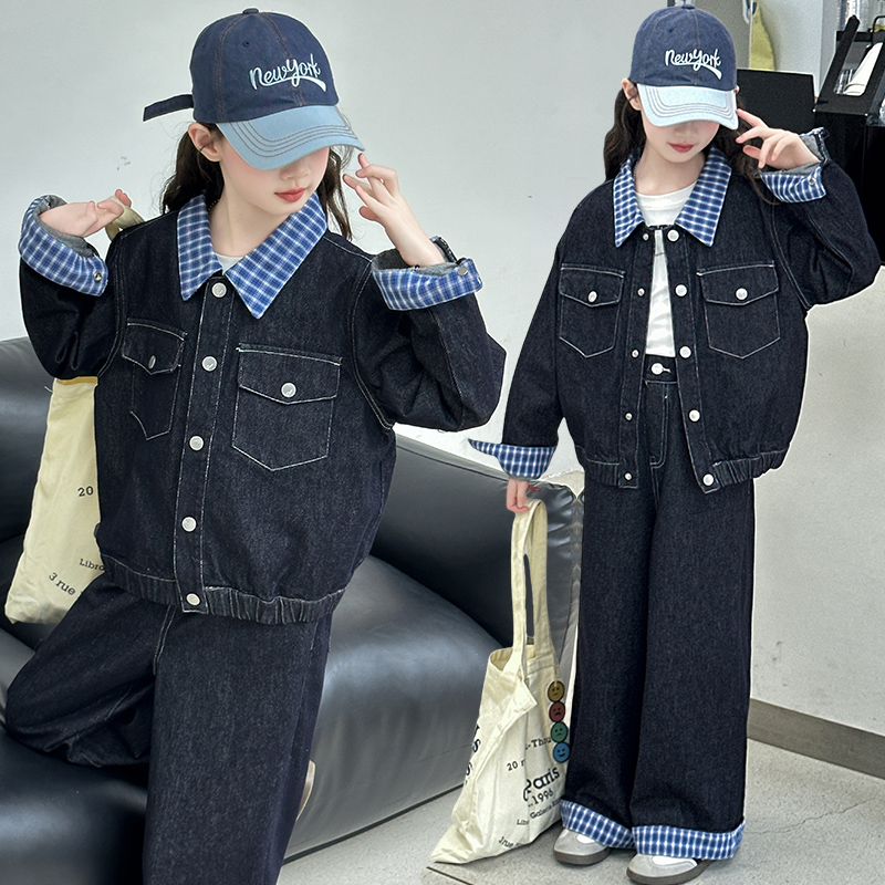女童牛仔套装春秋装新款女孩洋气中大童拼格子儿童秋季童装两件套