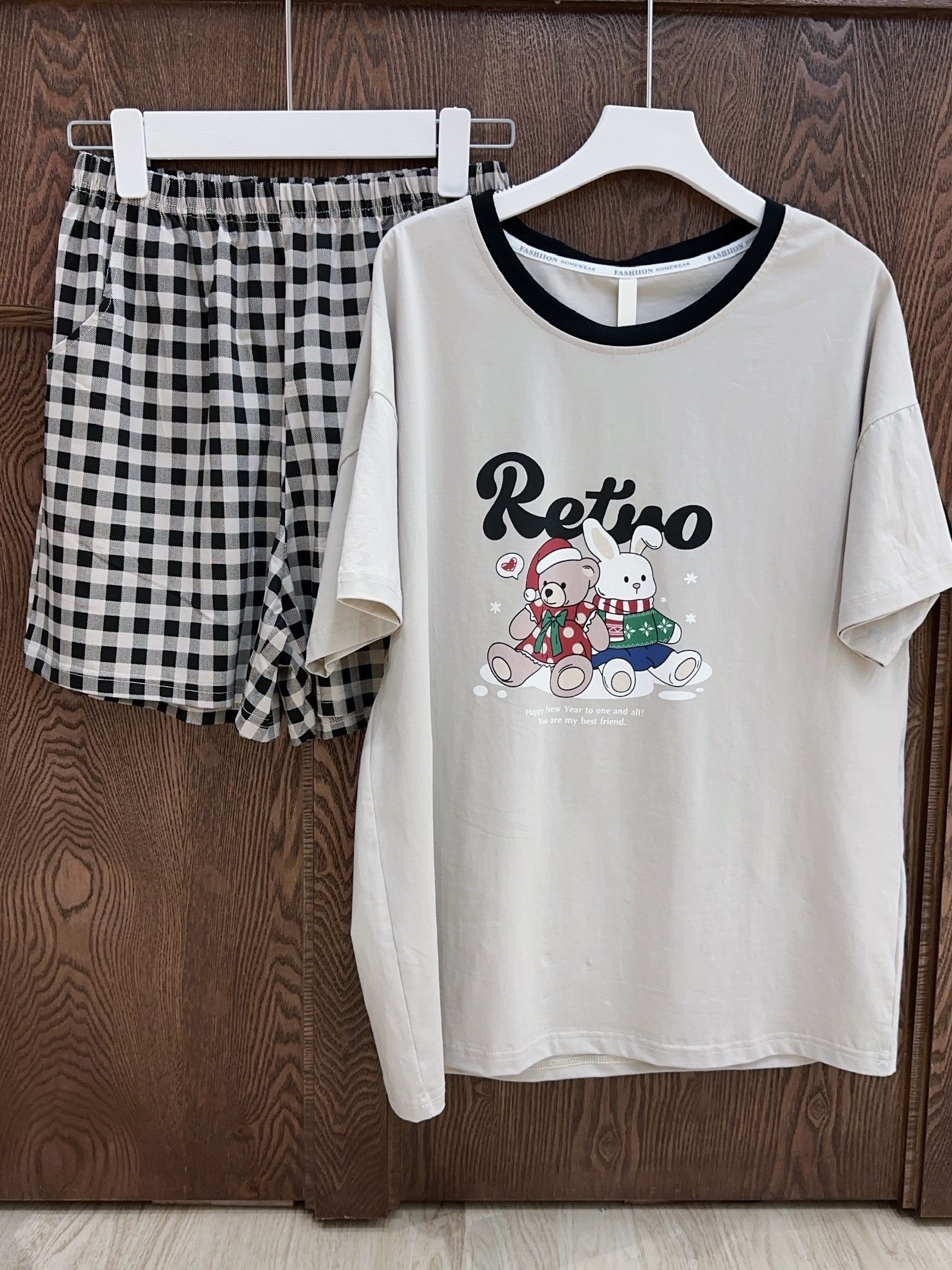 夏季爽棉睡衣女时尚休闲宽松韩版格子舒适百搭简约卡通圆领可外穿