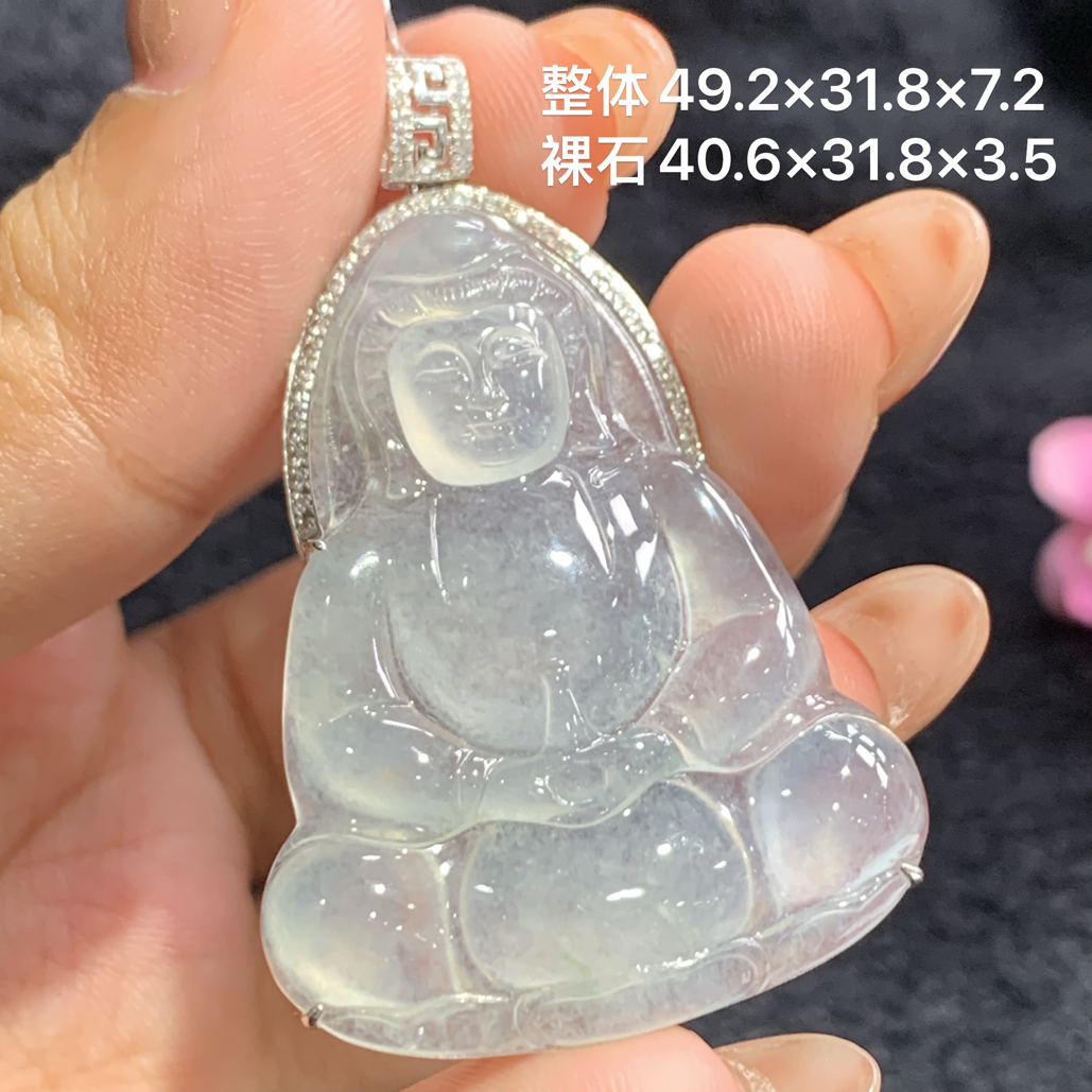 18k金镶嵌天然缅甸翡翠冰种观音吊坠49.2×31.8×7.2/40.6×31.8×3.5
