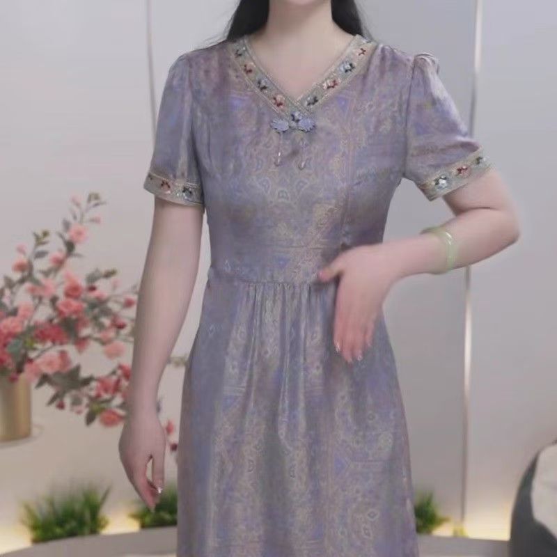 M670 国风印花大方简约连衣裙2025夏季新款端庄大气中长款裙子