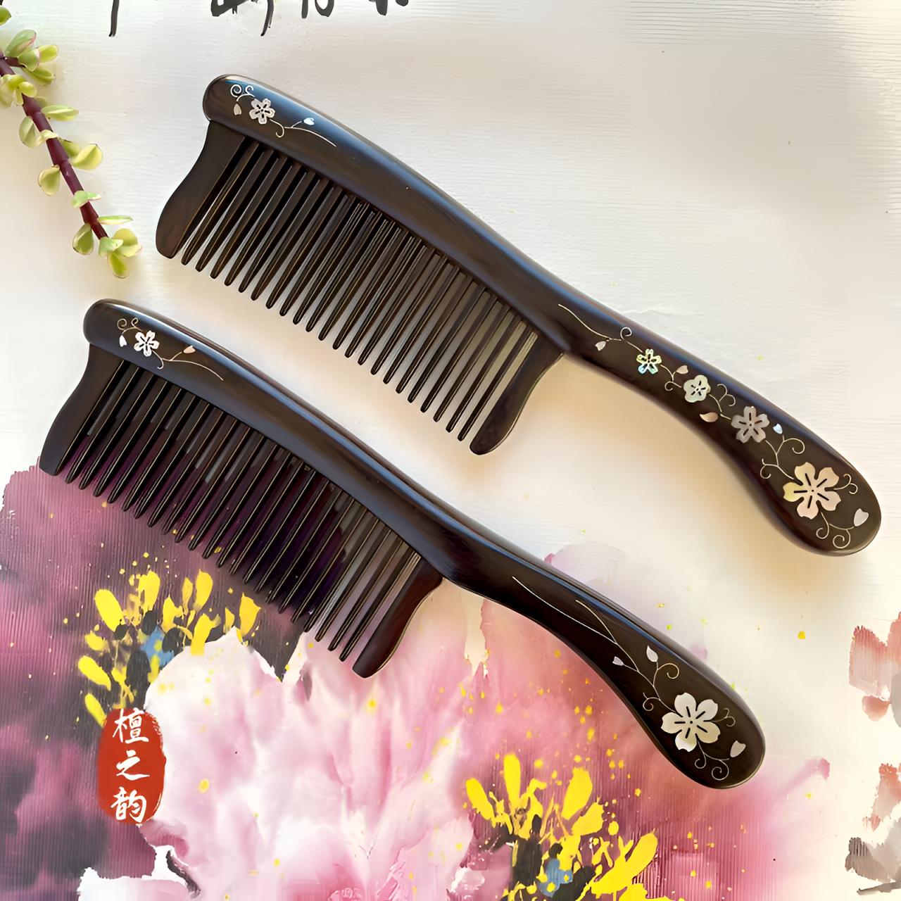 紫光檀长柄鼓肚镶嵌贝壳插齿精品木梳