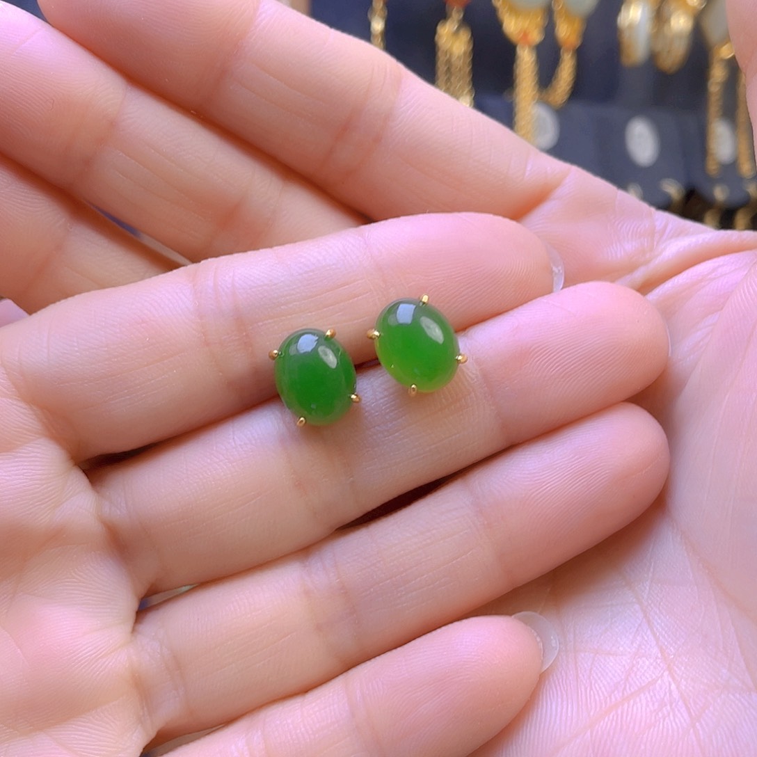 和田玉耳饰银S925镀金镶嵌