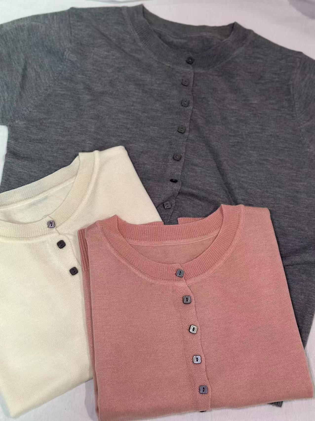 【欧琲】D150#圆领纯色针织开衫短袖