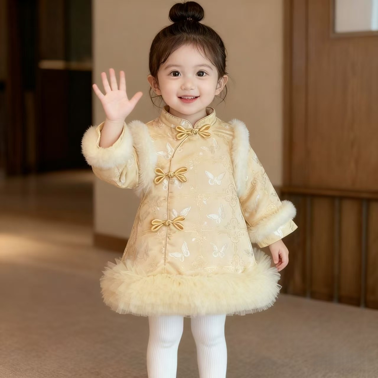 女童中国风加绒旗袍汉服2025新款冬周岁礼服新年裙子女宝宝拜年服