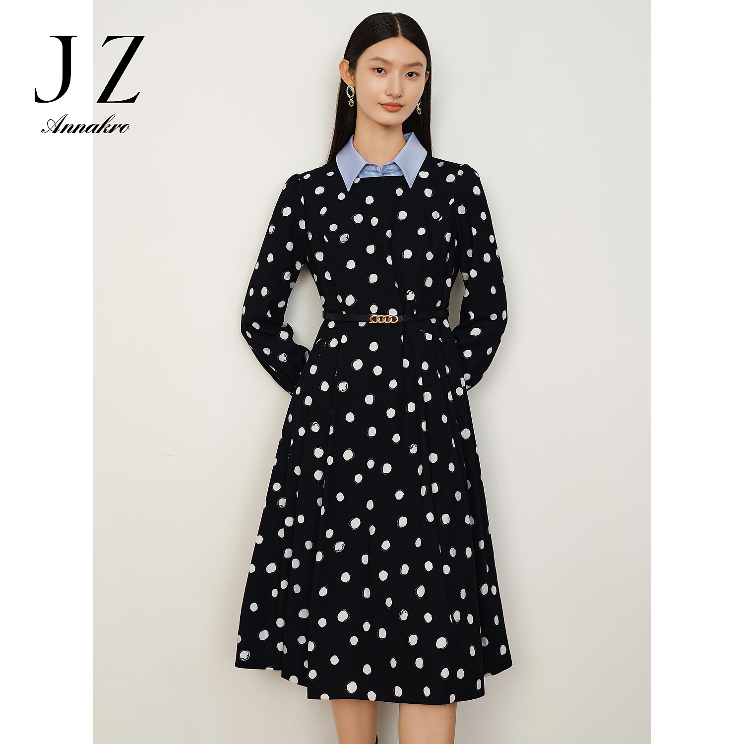 【赵老板专属】玖姿安娜蔻JTDD50009方领波点灯芯绒印花连衣裙女