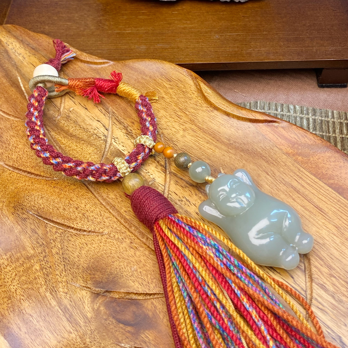 【来财猫咪】孤品 新疆和田玉且末高青白招财小猫手工编织包挂
