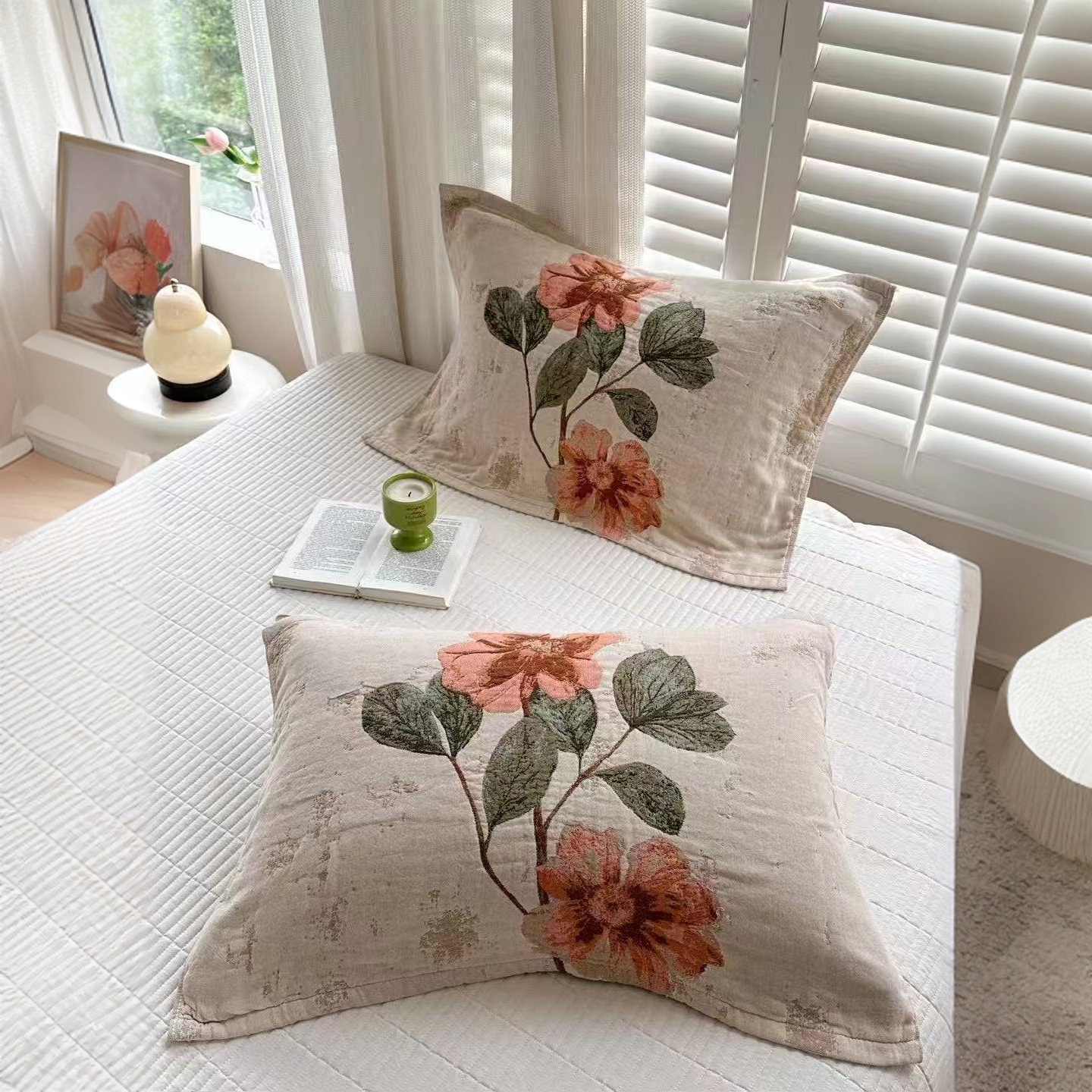 G665 纯棉八层纱布枕巾一对两只 金桔花52*78简约防滑韩式加厚