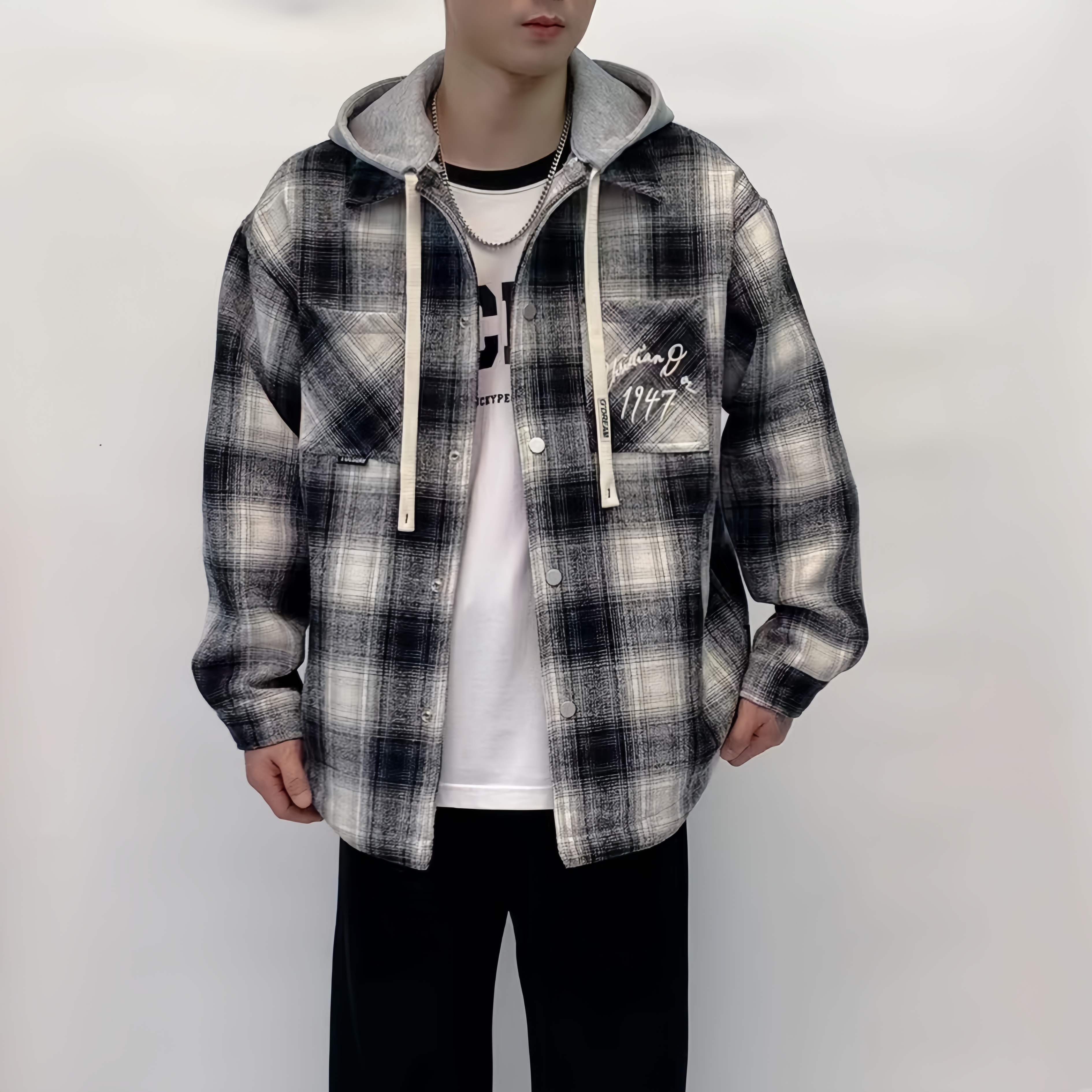 可脱卸帽格子外套男青少年学生秋季休闲夹克潮流百搭上衣XX-28103