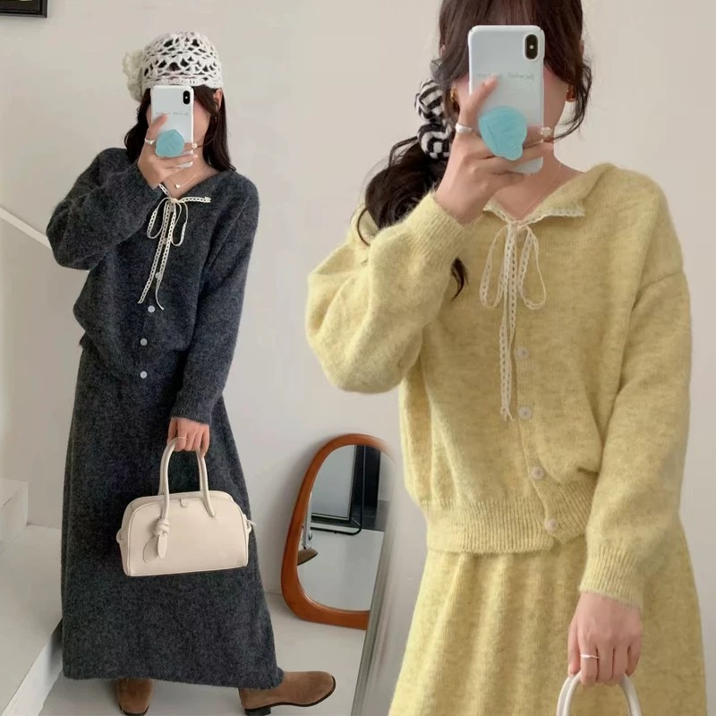 秋冬蕾丝系带韩版简约设计感气质百搭收腰显瘦女装长袖长裤套装