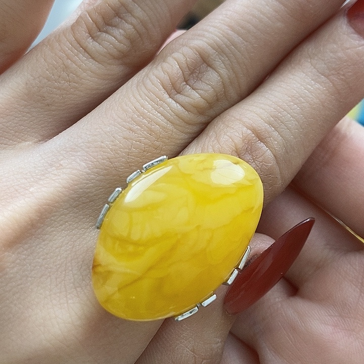 琥珀戒指银S925镶嵌戒指