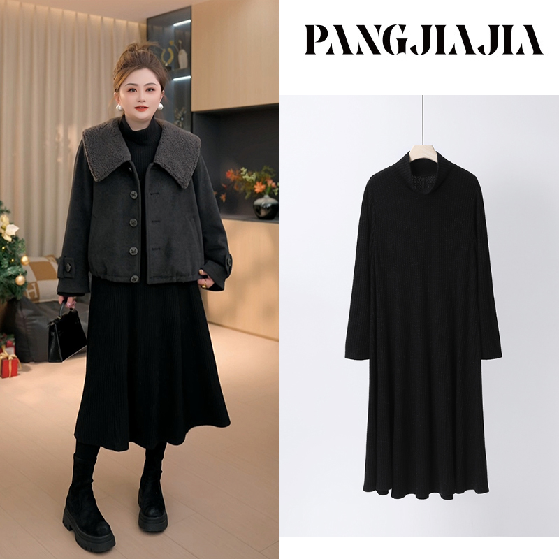 【胖佳佳】黑巧耶耶 冬季高级显瘦亮丝华夫格连衣裙H625A17148-1