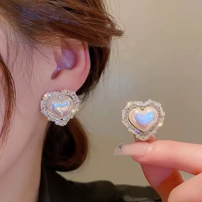 铜合金耳饰 【020】法式浪漫爱心珠珠耳钉气质高级感