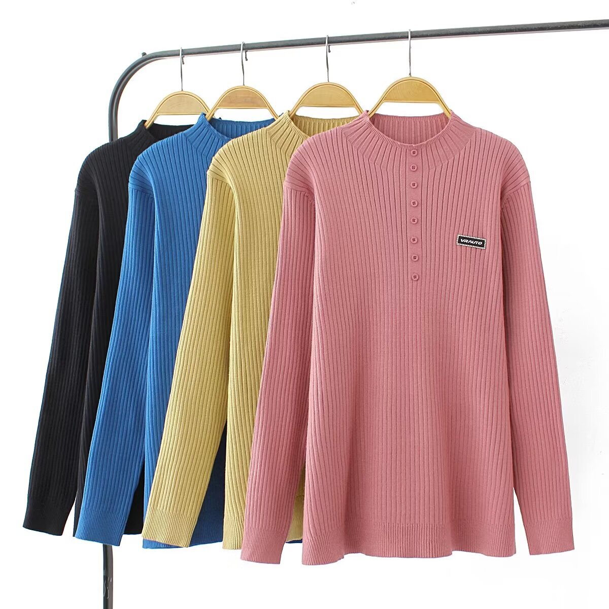 纯色百搭秋季薄款拼接毛针织衫立领丰满春秋款