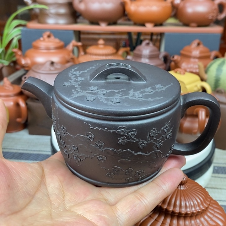 紫砂茶壶梅花汉瓦260cc原矿五色土黑料