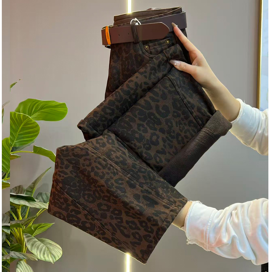 秋冬加绒加厚直筒裤美式豹纹牛仔裤大码宽松女士复古减龄休闲女裤
