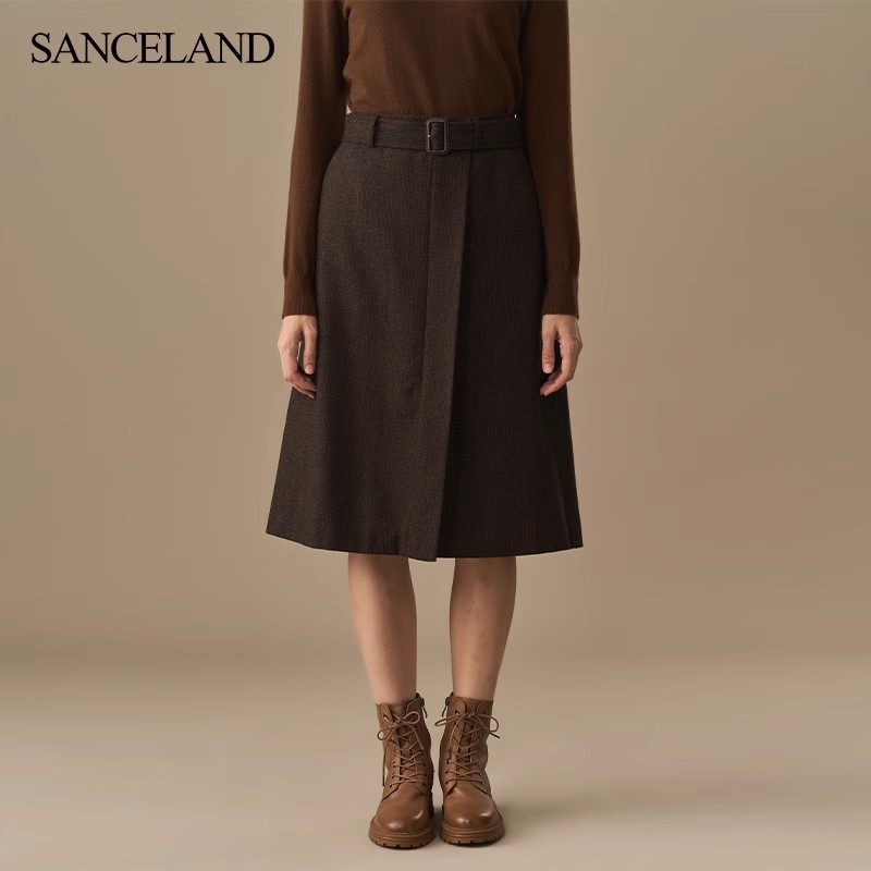 三石一澜冬季慵懒风中长款时尚羊毛A字半身裙带腰带女SG43102003