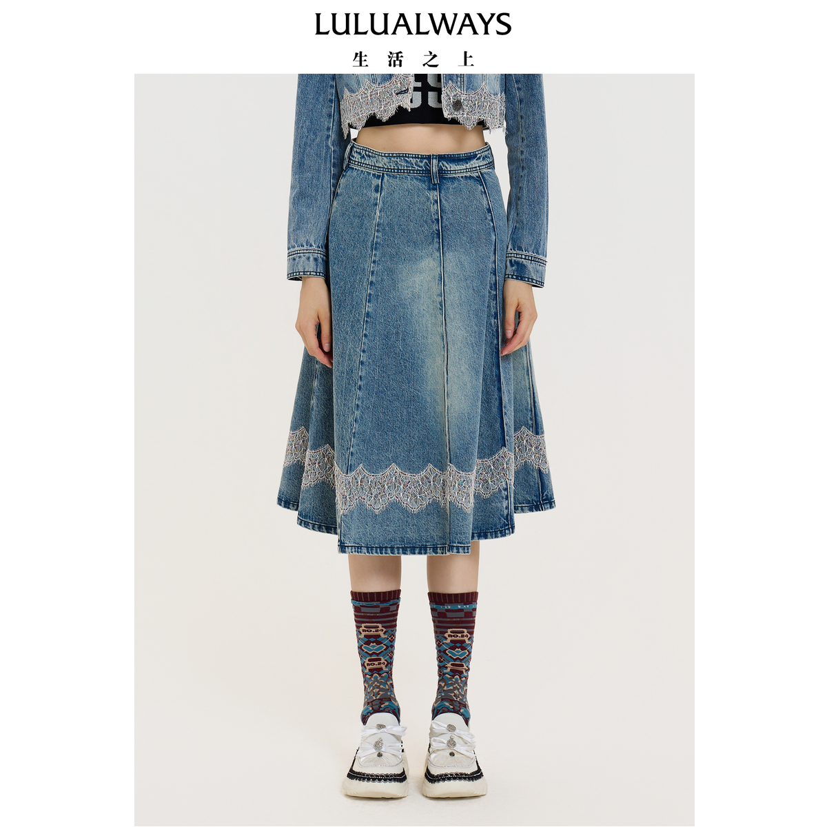 LULUALWAYS【商场同款】25秋季新款休闲百搭蕾丝拼接女牛仔半身裙
